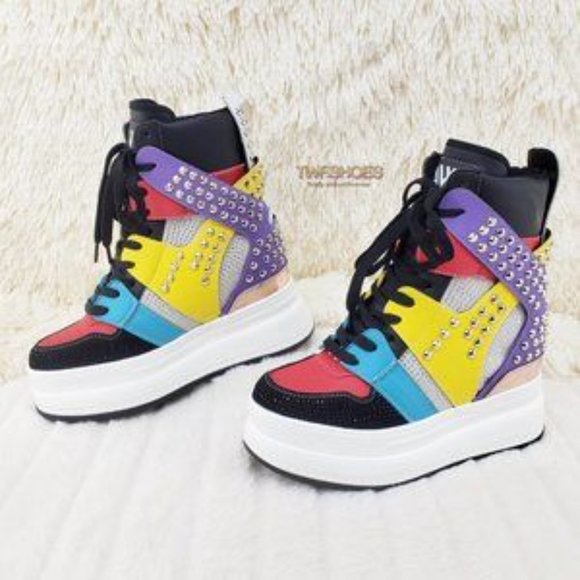Quince Hidden Wedge Platform Punk Designer Sneakers Black Multi Rhinestones - Picture 3 of 7